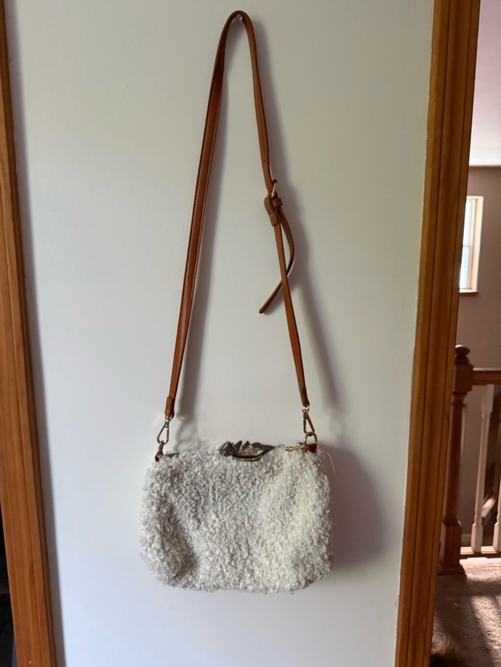 Cream Sherpa Crossbody Bag with Tan Strap